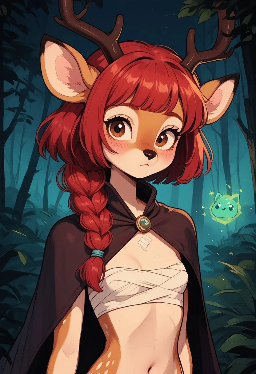 (easynegative 1) girl, anthro, adult, furry, deer, hornless, braid hair style, red hair, view, the, accessories in hair, magical creature, cape, bandage on the chest, seriously face, closed mouth, small breasts, blue symbols on the body, light-skinned body, looking at viewer, magic background, clearing in the forest, solo, cute,