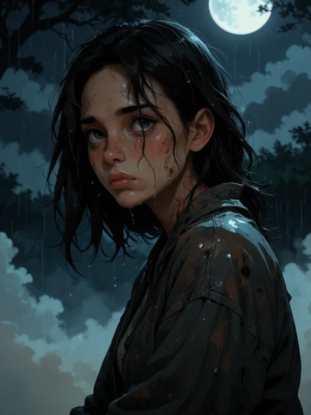 score_9, score_8_up, score_7_up,  BREAK, 3xpr3ss10n1st style, 1girl, black hair, closed mouth, lips, freckles, dirty, dirty face, from side, sad, kneeling on the ground, rain, raindrop on face, raindrop running down face, storm, night, fog, full moon, moonlight <lora:Abstract_Expressionist_Style:1>