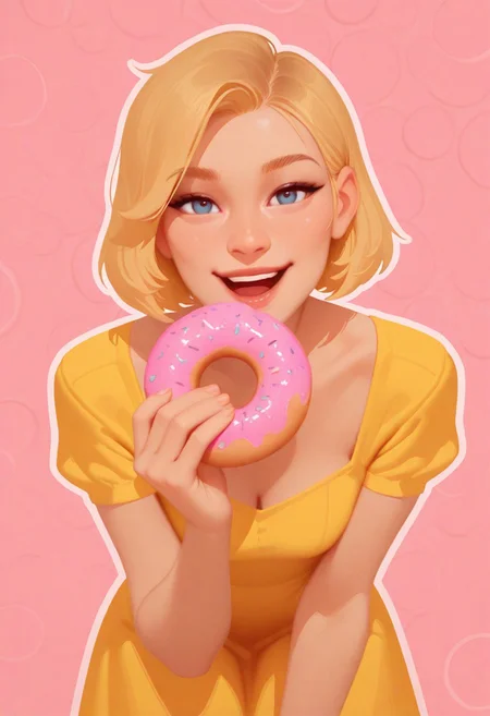 masterpiece, newest, realistic, flat colors, no outline, no lineart, (artist:incase:0.1, artist:tsuaii:0.1),
1girl, yellow dress, holding a donut, open mouth, very cute, sexy, smile, blonde hair, blue eyes, looking at viewer, dress, short hair, bending forward, pink bubble background, close up