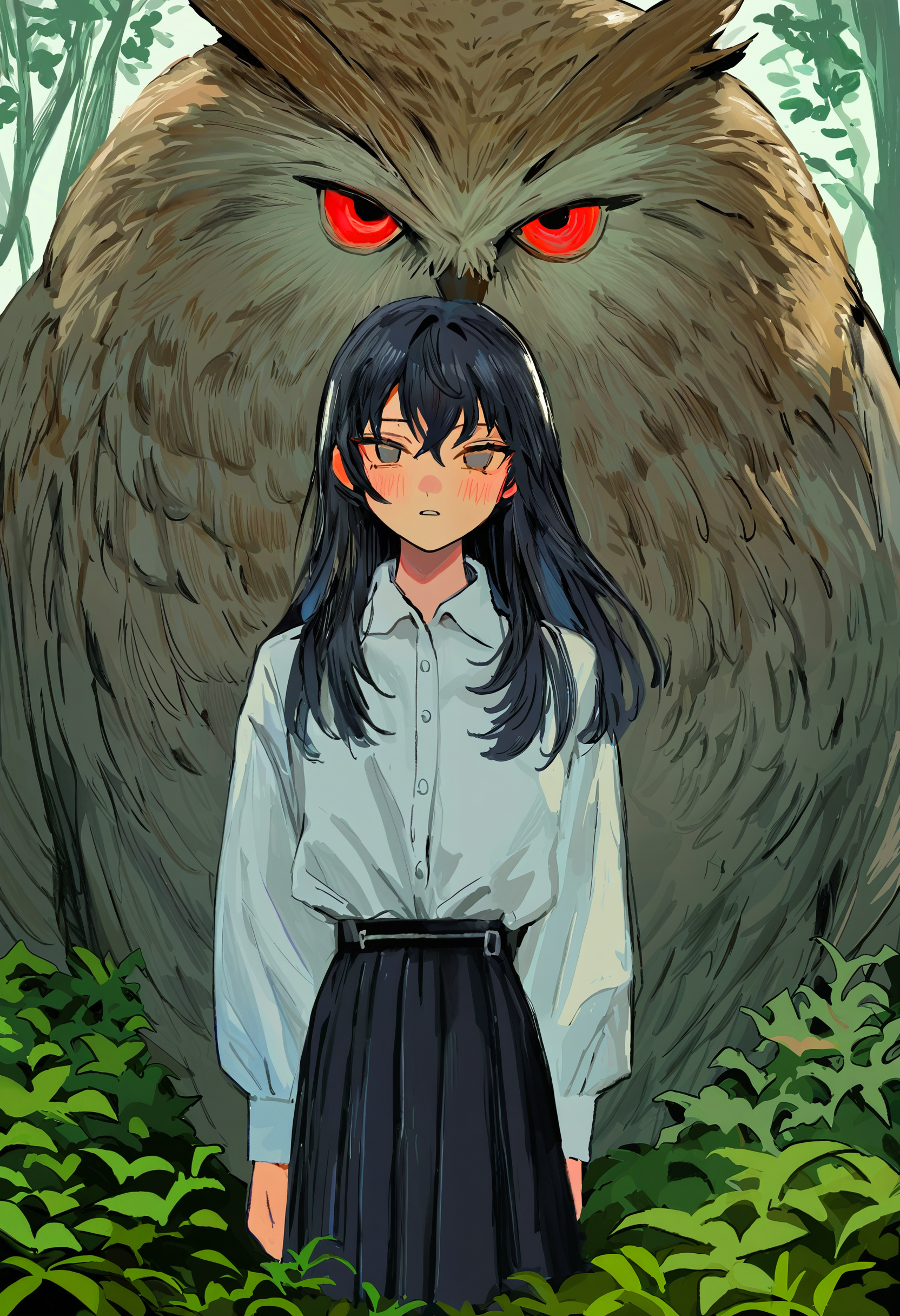 <lora:eXZvdG9ybw==-noobaiXLNAIXL_epsilonPred_V110_V1-CAME>, eXZv, 1girl, black hair, shirt, looking at viewer, skirt, monster, white shirt, hair between eyes, grey eyes, collared shirt, long hair, belt, black skirt, long sleeves, closed mouth, pleated skirt, red eyes, solo, nature, owl, buttons, bird, forest, plant, teeth, oversized animal, shirt tucked in, blush, creature
