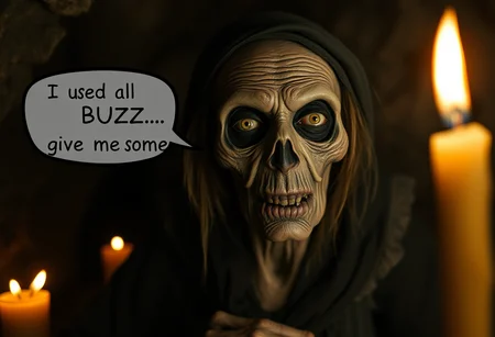 4k (realistic)AN OLD DIABOLIC ZOMBIE WOMAN fortune teller looking TO THE VIEWER ,speechbubble "I used all my BUZZ in skincare..give me some" 
realistic cave background, foggy candle lights, dark atmosphere