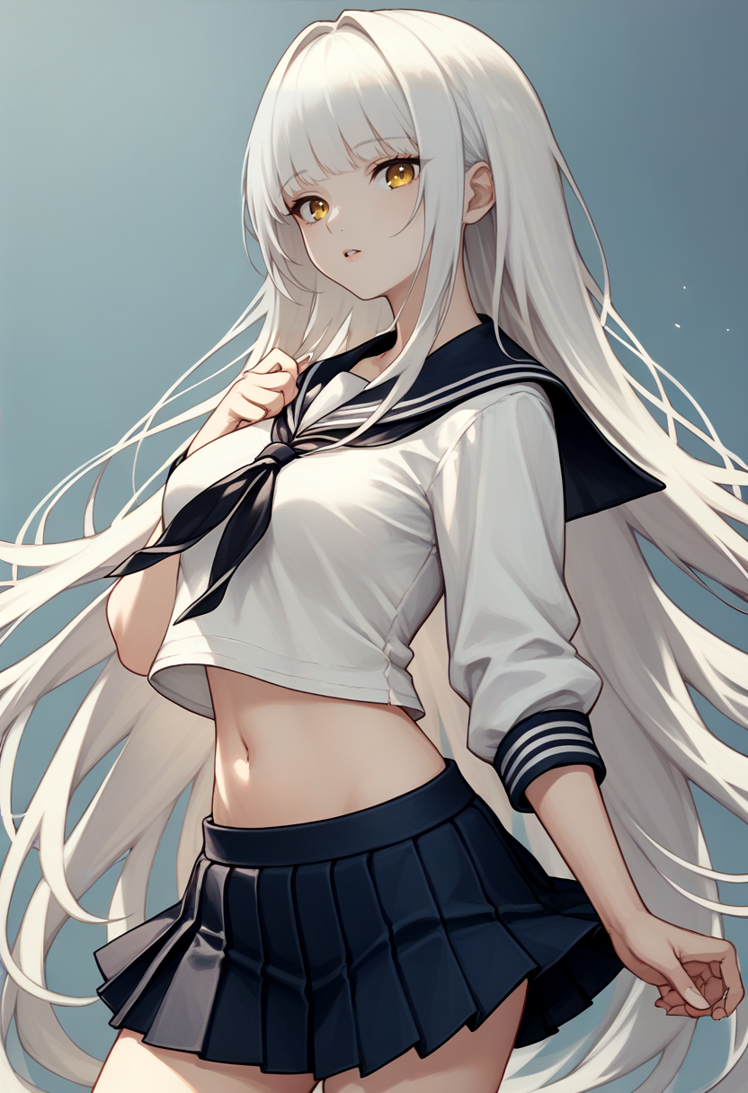 score_9, score_8_up, score_7_up, source_anime BREAK 1girl, solo, <lora:blanc-nikke-richy-v1_pdxl:0.8> blancrnd, white hair, very long hair, yellow eyes, breasts, standing, serafuku, pleated skirt, white shirt, navel, midriff, parted lips, hair intakes, bangs