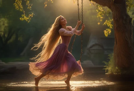 full body shot, realistic, stunningly realistic, trending on artstation, lights and shadows,Rapunzel, original style, she swings on her long hair, hair hanging on a branch, forest background, absurdly long hair, hair as swing, upper teeth,, revealing cleavage, very seductive, detailed dress with lace, barefoot, very long blonde hair , jewelry, sexy look in the face, dynamic pose, posing gracefully on the edge of a fountain, , (masterpiece), best quality, highres, 4k, 8k, intricate detail, cinematic lighting, amazing quality, amazing shading, soft lighting, 35mm, analog style, a realistic photo, film grain, (photorealistic:0.6), taken by a canon eos r5, ultra detailed skin, ultra detailed face, perfect eye, small skin imperfections, large boobs, Stocky body, half-closed green eyes, very long blonde hair, chromatic aberration, colorful, bright colors,