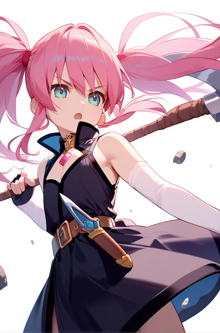 score_9, score_8_up, score_7_up, very aesthetic, source_anime, detailed,
simple background, dynamic angle, swinging effect,
cowboy shot, floating rocks,
open mouth, serious,
flat chest, petite female, 1girl,
<lora:presea_v01:1>preseaBase, pink hair, sidelocks, twintails, chest jewel,
black dress, sleeveless, belt, elbow gloves, fingerless gloves, high collar,
swinging giant axe,, zPDXL