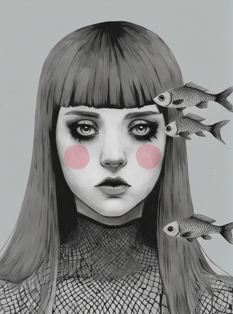 1girl, artist name, bangs, black eyes, fishnets, grey background, long hair, looking at viewer, solo , pop surrealism , <lora:Graphic_Portrait:0.75>