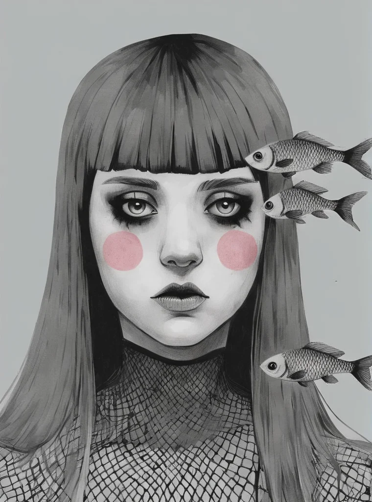 1girl, artist name, bangs, black eyes, fishnets, grey background, long hair, looking at viewer, solo , pop surrealism , <lora:Graphic_Portrait:0.75>