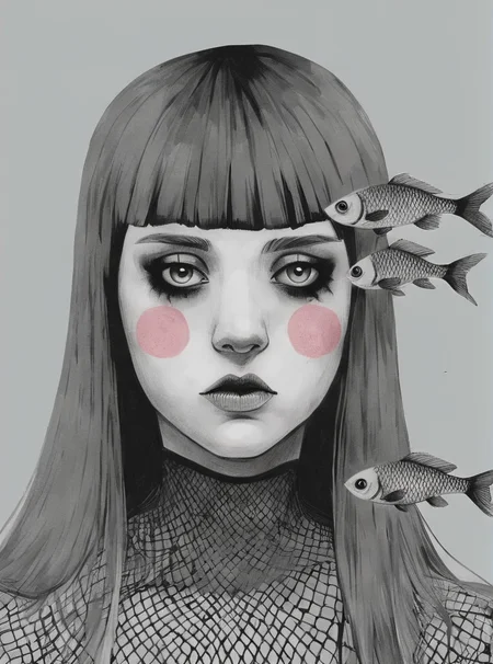 1girl, artist name, bangs, black eyes, fishnets, grey background, long hair, looking at viewer, solo , pop surrealism , <lora:Graphic_Portrait:0.75>