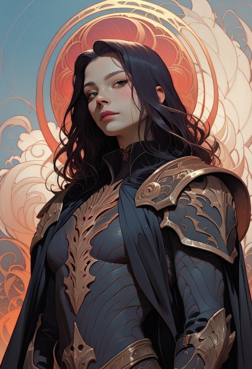 llustration, score_9 , score_8 , score_7 portrait, closeup, dynamic angle, vibrant colors, the realm where fire and water connects,  shoulder armor, pauldrons, detailed pauldrons,  highly detailed , high quality , high res, halo, cape, ash, charred
