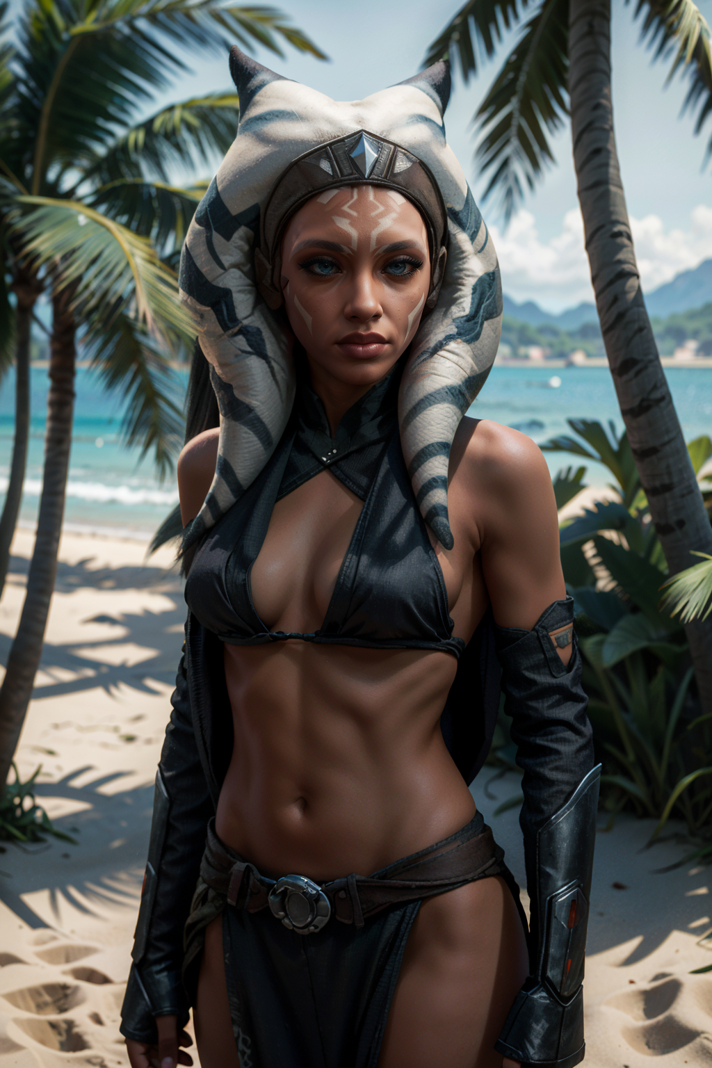 ((ultra detailed, masterpiece, absurdres))
StarWAhsoka, 1girl, dark skin, white facial mark, on a tropical island, bikini, palm trees, ocean sharp focus, highly detailed, cinematic lighting, studio quality, smooth render, unreal engine 5 rendered, octane, rendered, by artgerm, greg rutkowski, alphonse mucha
<lora:StarWAhsoka:0.9>
