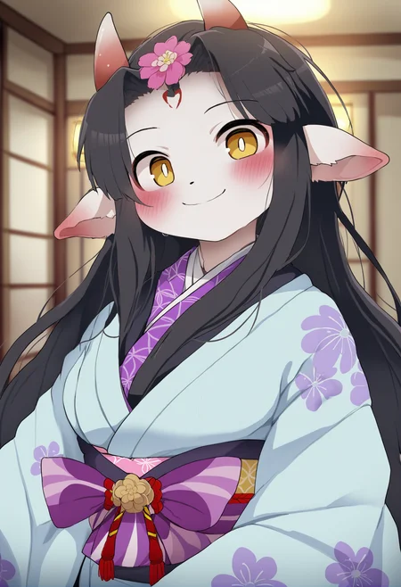 masterpiece, hyper detailed, best quality,(furry:1.3),1girl, solo, horns, japanese clothes, smile, long hair, black hair, yellow eyes, looking at viewer, kimono, blush, hair ornament, upper body, closed mouth, bangs, flower, indoors ,<lora:DAGASIXLlokr8f-000188:0.95>