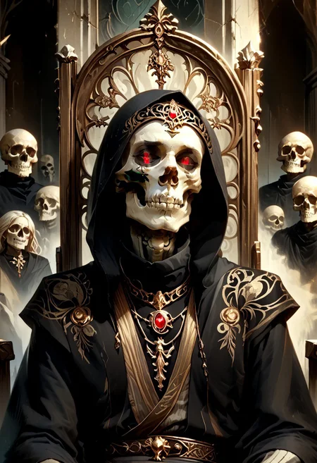 8k, score_9, score_8_up, score_7_up, Art Noveau, masterpiece, 1man (skeleton), (skull face), empty eye sockets, glowing red eyes, grey skin,
intricate black robe, intricate gold sash, black pants, black hood, gold trim, black capelet, high collar, no ears, long sleeves, long intricate gloves, emerald amulet. bracers,
sitting on throne, dark ruined palace, indoors,
1dk, portrait, Art Noveau, Noveau, skeleton, glowing eyes, black sclera, empty eyes, FFAOR, sharp_LASCALAE, ultra sharp focus,