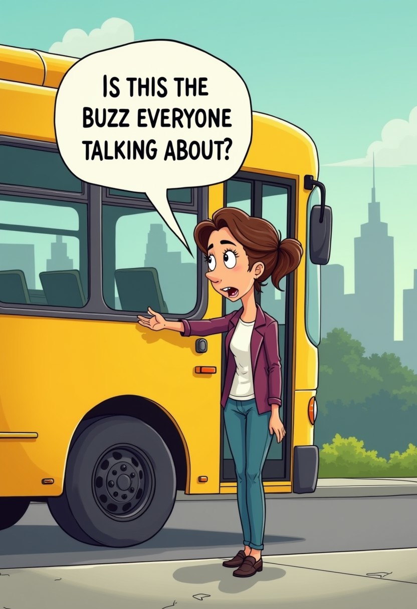 a woman standing outside a yellow bus, saying "is this the buzz everyone is talking about?", surprised face, cartoon