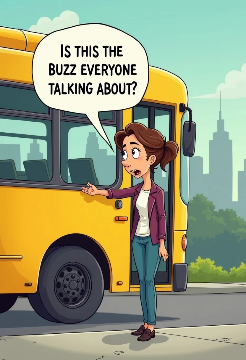 a woman standing outside a yellow bus, saying "is this the buzz everyone is talking about?", surprised face, cartoon