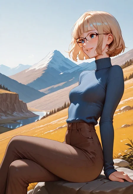 masterpiece, best quality, 32k, high resolution, absurdres, dynamic lighting, HD32k, 1girl, solo, Saly-Free, blonde, eyeglasses, short hair, blue eyes, small breasts, blunt bangs, freckles, slim, blue sweater, turtle neck, brown pants, posing cute, outdoors, parted lips, focus on face, sitting on a stone wall, profile, looking away, crossed legs, aesthetic, detailed, mountain landscape, urban scenario, shy smile