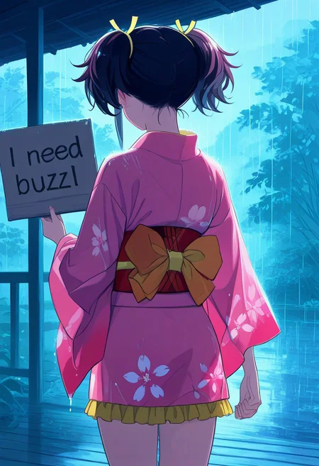 masterpiece, best quality, very aesthetic, absurdres,usnr,rain,Heavy Rain, 1girl,Kmno, short twintails, yellow ribbon, pink kimono, short yukata, floral print, obi,need_buzz, holding sign
