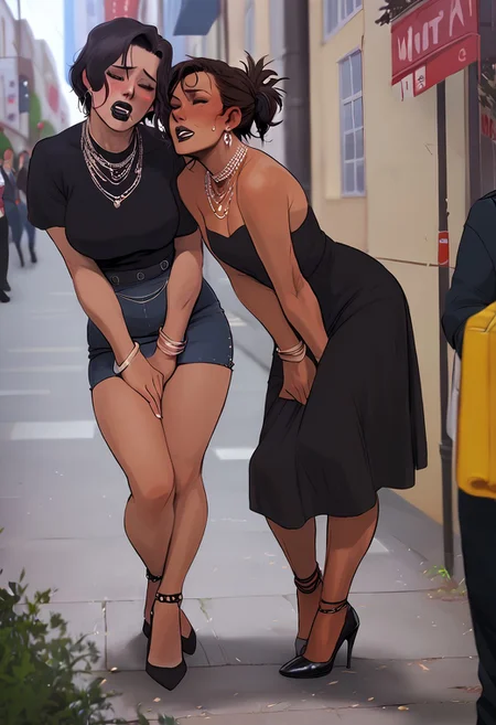 score_9, score_8_up, milf, 2 lesbians on a date, touching her girfriend belly, desperate, on a crowded street, standing in queue to porta-potty, desperation, crossed legs, bent over, holding crotch , toned female, messy ponytail, side locks,multiple women,  bag on shoulder,tight clothing, black short dress, high heels, multiple necklace,feminine face,(source_anime:0.4), (tan skin:1.3), dark lipstick