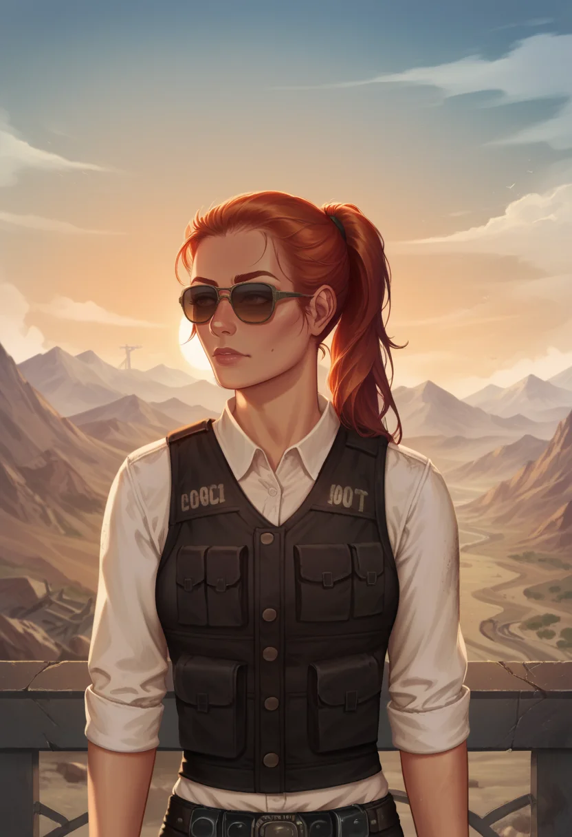 score_9, score_8_up, score_7_up, 1girl, solo, bulletproof vest, white shirt, pants, skinny, slim, long hair, redhead, ponytail, dynamic,
wasteland, sun, godrays, post-apocalypse, outdoors, upper body, scenery, mountains, front view, sunglasses,
<lora:Joshua_Graham_OutfitCharacter_-_Fallout_New_Vegas:0.6>, <lora:Krys_Decker_-_Artist_style_Newer__characters:0.9> ss-krd_new,