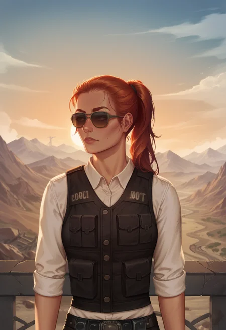 score_9, score_8_up, score_7_up, 1girl, solo, bulletproof vest, white shirt, pants, skinny, slim, long hair, redhead, ponytail, dynamic,
wasteland, sun, godrays, post-apocalypse, outdoors, upper body, scenery, mountains, front view, sunglasses,
<lora:Joshua_Graham_OutfitCharacter_-_Fallout_New_Vegas:0.6>, <lora:Krys_Decker_-_Artist_style_Newer__characters:0.9> ss-krd_new,