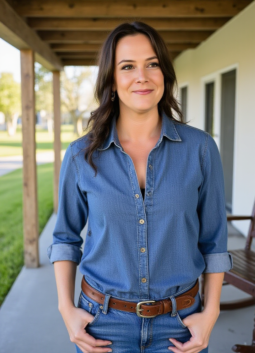 SFW, The image is a portrait of a woman standing on a porch with a wooden pergola. She is wearing a denim shirt with a button-down collar and blue jeans. She has a brown belt around her waist and her hands are in her pockets. The woman has e hair styled in loose waves and is looking off to the side with a slight smile on her face. In the background, there is a wooden rocking chair and a white wall with a window. The sky is blue and the grass is green, suggesting that the photo was taken during the day., aidmaimageupgrader<lora:flux\custom\celebrity\lisa-synder.safetensors:1.0:1.0> <lora:turbo-8-step-flux.safetensors:0.5:0.5> <lora:flux\style\Common\aidmaImageUprader-FLUX-v0.3.safetensors:0.25:0.25>