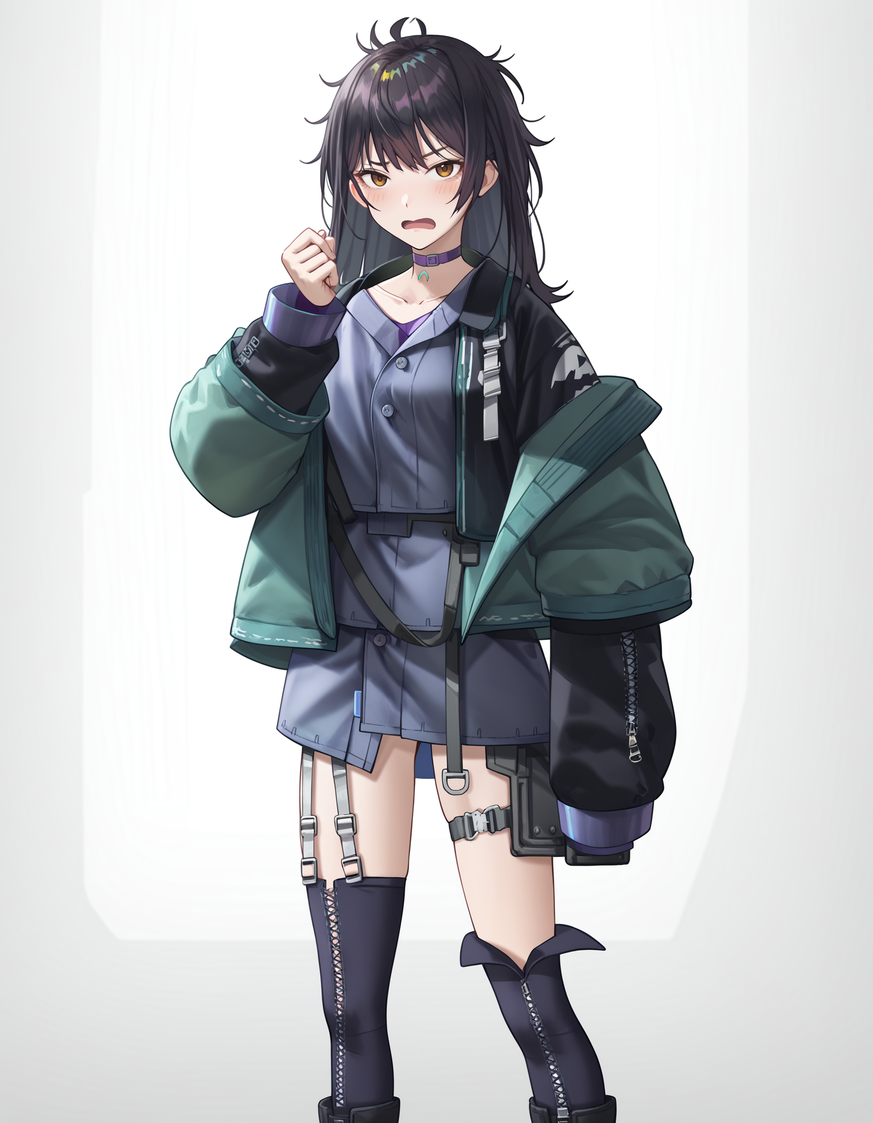 score_9,score_8_up,score_7_up,<lora:ruyueyiyu_pony3:0.8>,ruyueyiyu,1girl,solo,open mouth,white background,long hair,boots,jacket,simple background,bangs,thighhighs,black footwear,looking at viewer,choker,black hair,standing,open clothes,shirt,blush,messy hair,long sleeves,full body,brown eyes,collarbone,anime screencap,<lora:Anime_Screencap:1>,
