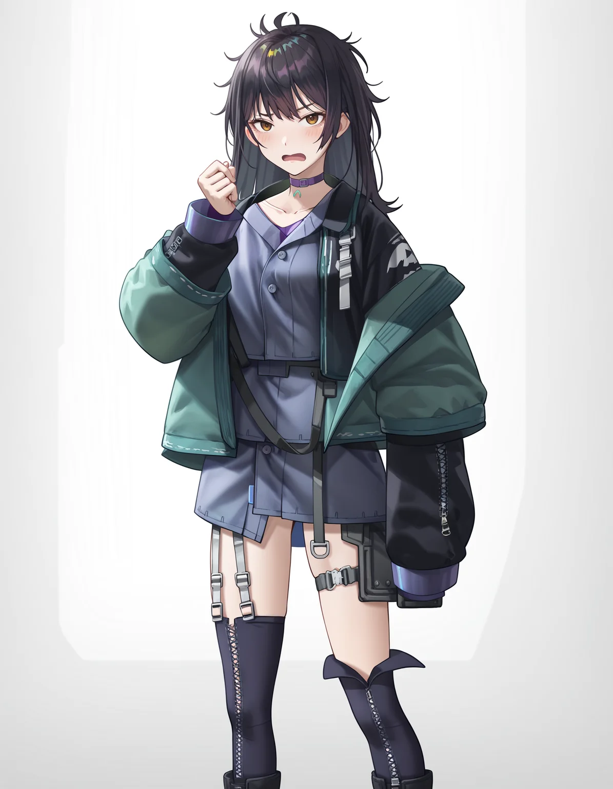 score_9,score_8_up,score_7_up,<lora:ruyueyiyu_pony3:0.8>,ruyueyiyu,1girl,solo,open mouth,white background,long hair,boots,jacket,simple background,bangs,thighhighs,black footwear,looking at viewer,choker,black hair,standing,open clothes,shirt,blush,messy hair,long sleeves,full body,brown eyes,collarbone,anime screencap,<lora:Anime_Screencap:1>,