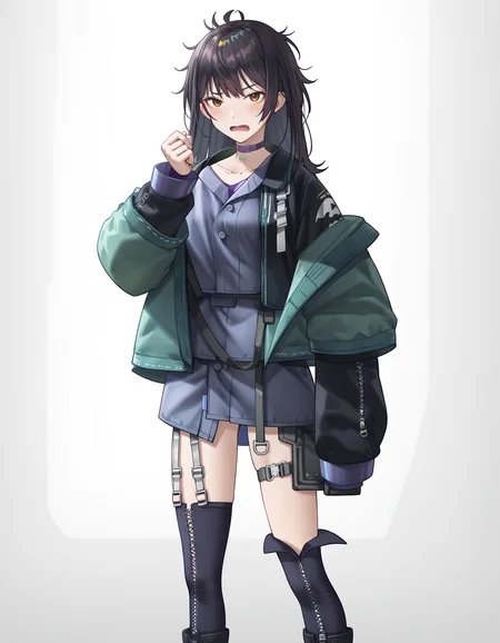 score_9,score_8_up,score_7_up,<lora:ruyueyiyu_pony3:0.8>,ruyueyiyu,1girl,solo,open mouth,white background,long hair,boots,jacket,simple background,bangs,thighhighs,black footwear,looking at viewer,choker,black hair,standing,open clothes,shirt,blush,messy hair,long sleeves,full body,brown eyes,collarbone,anime screencap,<lora:Anime_Screencap:1>,