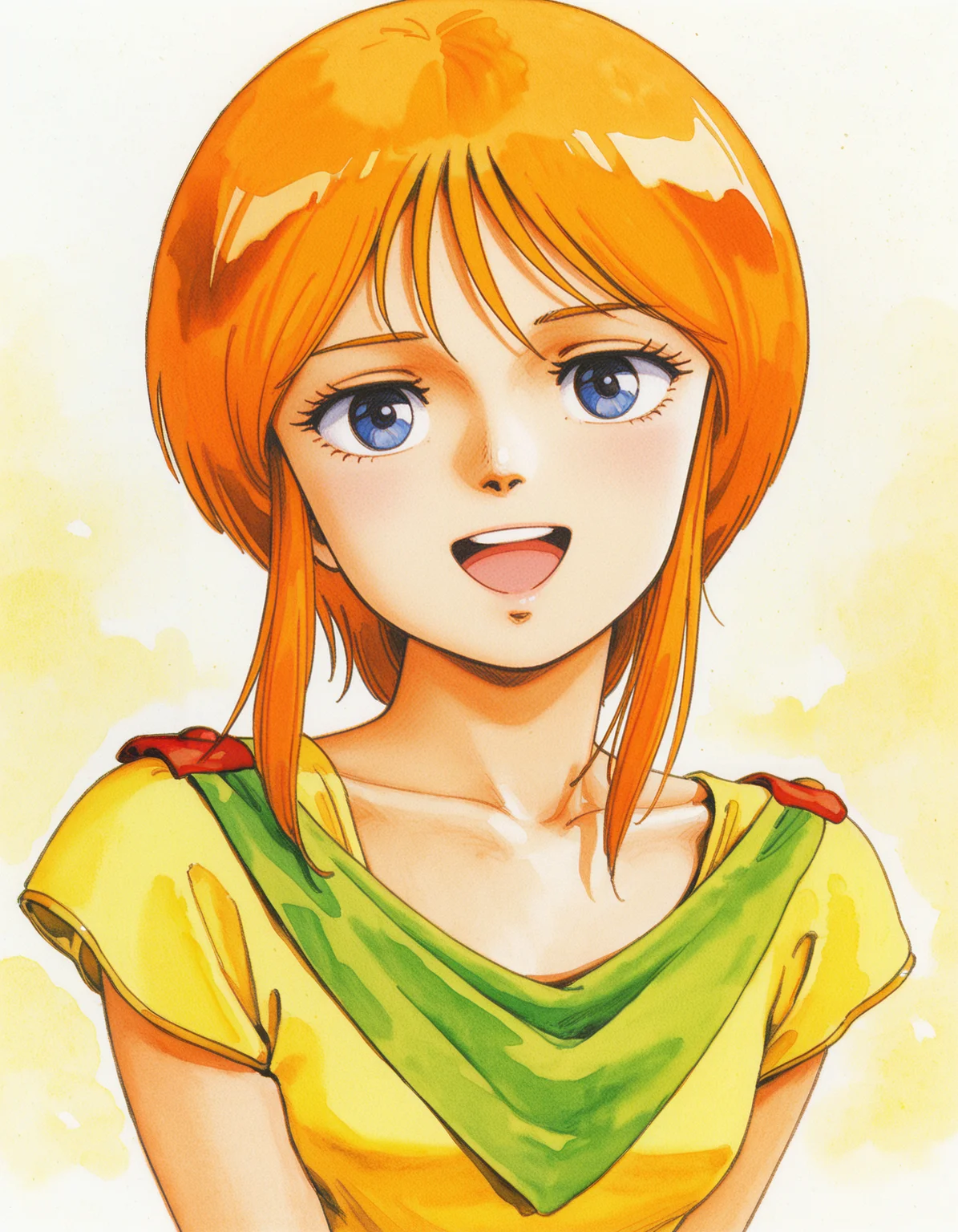 (retro artstyle, 1980s \(style\), traditional media:0.6), painting \(medium\), masterpiece, 1girl, elpeo puru, short hair with long locks, orange hair, :d, blue eyes, looking at viewer, solo,gundam, breasts,highres,collarbone, <lora:Kitazume Hiroyuki 1980 1990 Lycoris Illustrious 0.1-step00000650:0.7>