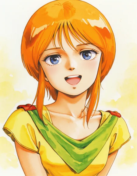 (retro artstyle, 1980s \(style\), traditional media:0.6), painting \(medium\), masterpiece, 1girl, elpeo puru, short hair with long locks, orange hair, :d, blue eyes, looking at viewer, solo,gundam, breasts,highres,collarbone, <lora:Kitazume Hiroyuki 1980 1990 Lycoris Illustrious 0.1-step00000650:0.7>