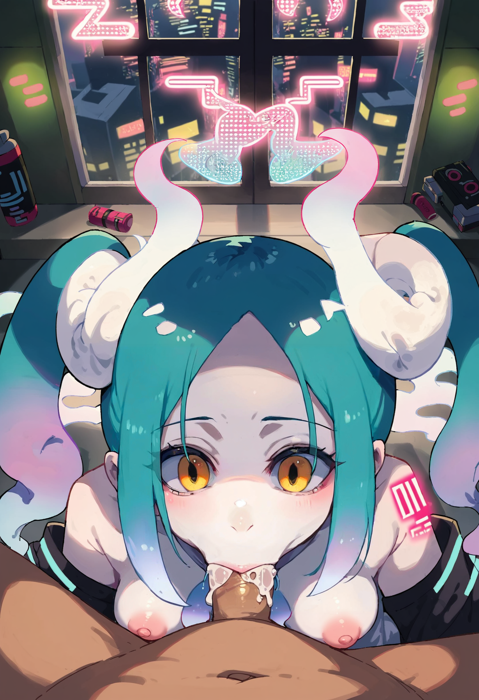 (score_9,score_8_up,score_7_up,score_6_up,score_5_up,score_4_up, source_anime:1.2), amazing artwork of (GhostMiku_PonyXL:1.3), yellow eyes, aqua hair, detailed eyes, necktie, long sleeves, hitodama,(exposed breasts, large size breasts, large areolas:1.3), (deepthroat, blowjob, 1boy:1.2),  cum, high contrast, (bedroom, neon lights, showing skyline through window, detailed background:1.2), <lora:GhostMiku_PonyXL_v10:1>,  <lora:add-detail-xl:1.2>,  <lora:xl_more_art-full_v1:1>