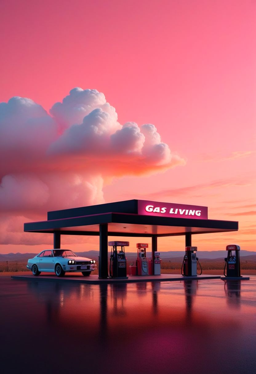 ispzxll, diorama, isometric, miniature, volumetric lighting style, intricate details, pink and orange sky, fluffy clouds, car at gas station, country living, countryside, middle of nowhere, rundown gas station, secret meeting, small town, vast landscape, detective, mystery, white nissan skyline gtr car