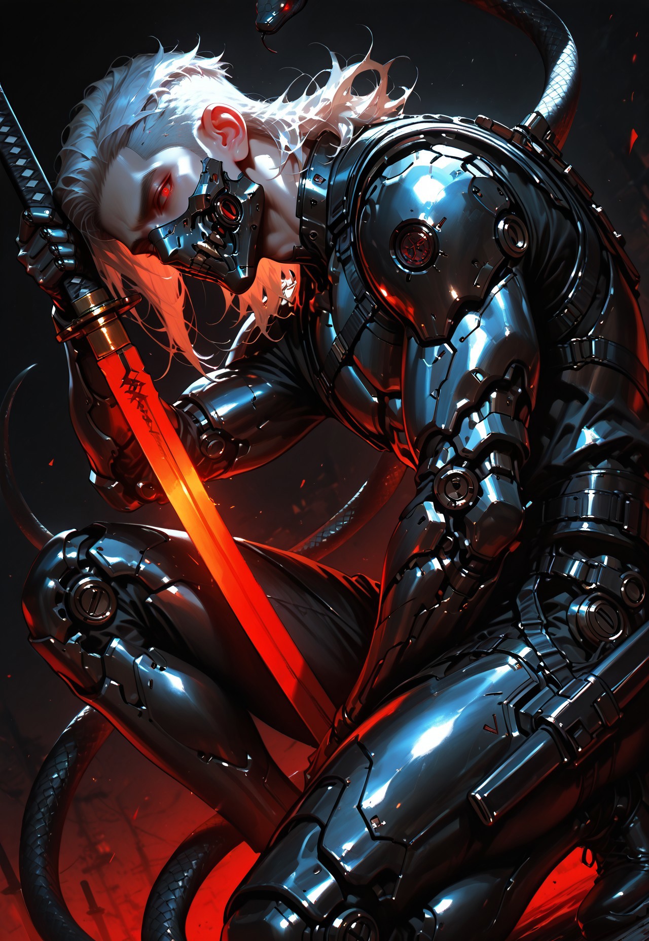 score_9, score_8_up, score_7_up, masterpiece, best quality, high quality, newest, highres, 8K, HDR, absurdres, modern, newest, realistic, ((low-key, dark shot)), male focus, red, deep blue, 1man, cyborg, bent one knee, adult, thin, cute, sweet, looking at viewer, holding katana, fighter, fighter pose, masculine, (white hair, sidecut hair, medium hair), metallic jaws, metallic ears, red eyes, glowing eyes in the dark, metallic neck, metallic body, metallic abs, metallic chest, metallic arms, metallic legs, metallic hips, metallic hands, metallic mouth mask, katana, katana blade, black metal, beautiful scaled metallic gear, large black snakes around him, tied with snakes, black background, dark background, realistic skin, dynamic angle from side, dynamic angle from below, dynamic pose, dynamic lighting, intricate, a lot of details, urban, soft, neon