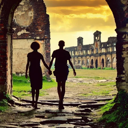 calm before storm, framed by long shot, walk into mystery of cityscape, timeless, forgotten, abandoned, well lit, buildings in ruins, growing glowing light, bokeh background building, shadowed silhouette_two-figures on horizon, holding hands, facing away walking under tunnel edifice arched hole encircled wide shot of ruins, depth_of_field, high quality, best quality, high-resolution