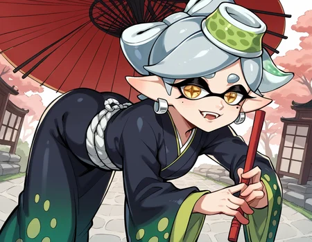 score_9, score_8_up, score_7_up, source_anime,
splatoonmarie, <lora:splatoon-marie-ponyxl-lora-nochekaiser:1>,
marie, fangs, grey hair, mole, mole under eye, pointy ears, short hair, yellow eyes, domino mask, mask, tentacle hair,
earrings, hair ornament, japanese clothes, jewelry, kimono, long sleeves, mole, mole under eye, umbrella, wide sleeves,
outdoors, shrine, bent over, smile,
solo, dutch angle, looking at viewer, cowboy shot,