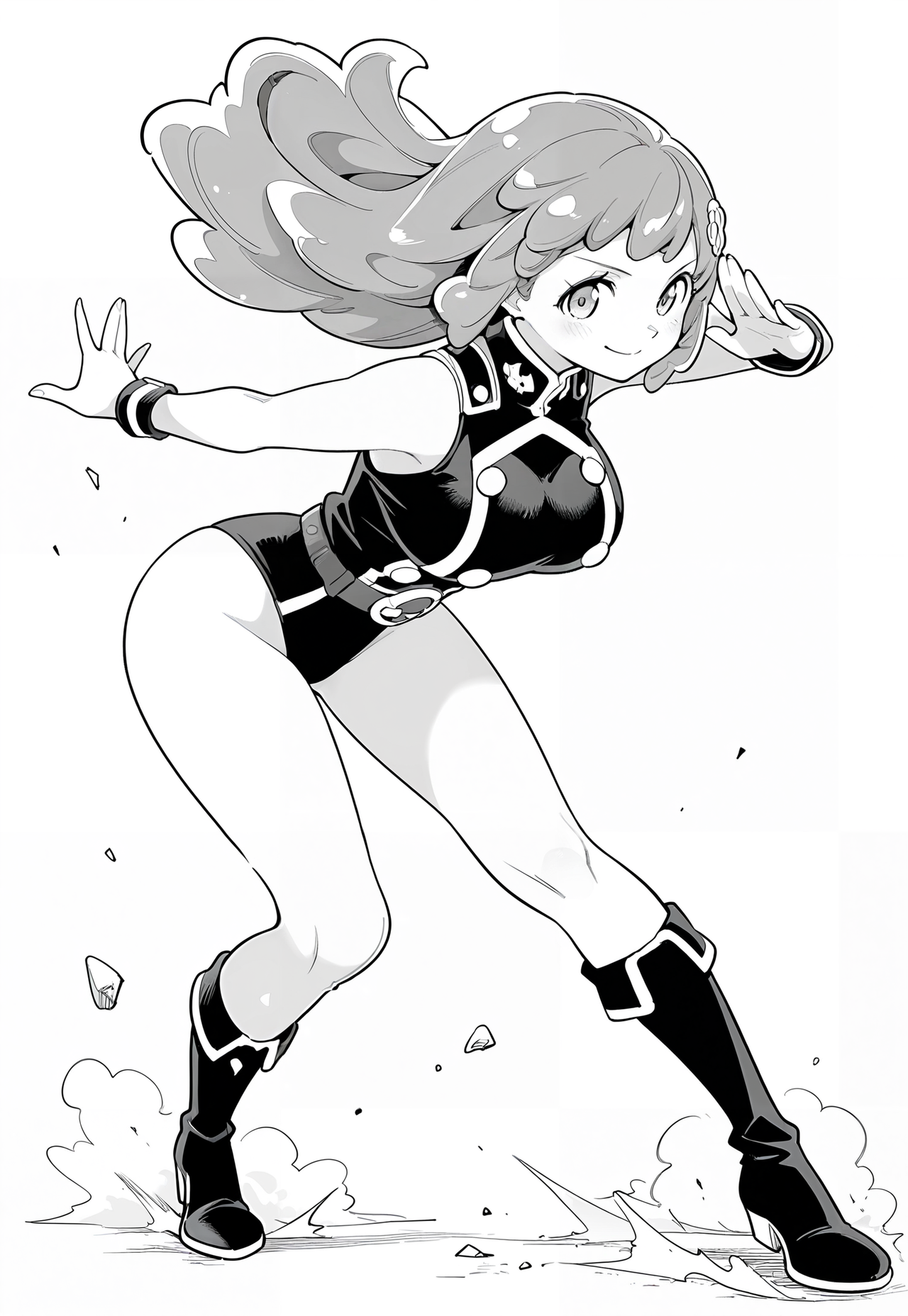 masterpiece, best quality, amazing quality, 1girl, solo, sahara wakasa, long wavy hair, rounded bangs, soft eyes, hair clip, large breasts, wide hips, black one piece sleeveless military uniform with trim and buttons, low waist black leotard bottoms, belt with buckle, black shin height boots with trim and buckle, black wristbands with trim, lunging forward, one arm outstretched, confident smile, hair flowing, dynamic pose, monochrome
