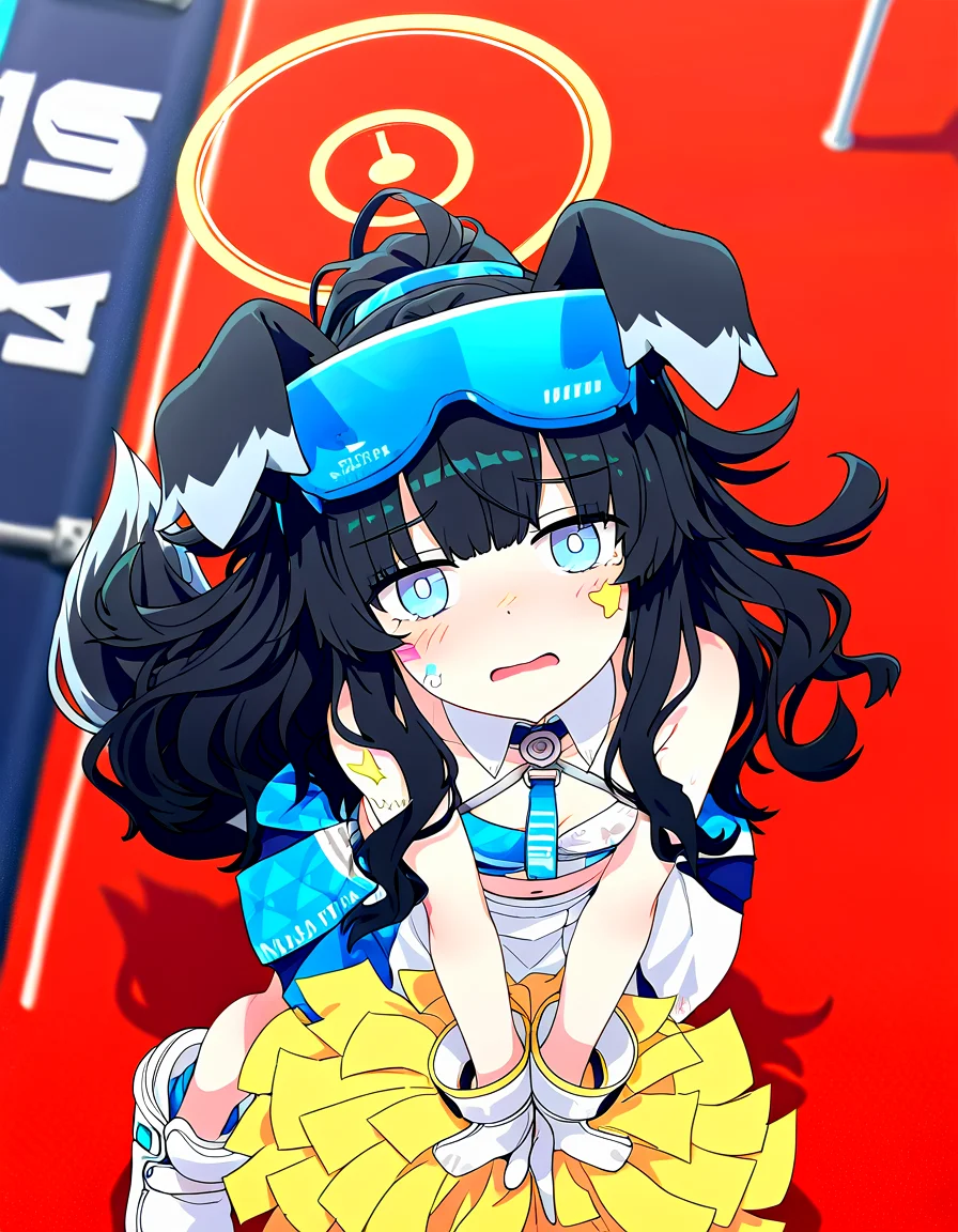 1girl, solo, breasts, looking at viewer, blush, blue eyes, skirt, black hair, holding, animal ears, bare shoulders, tail, official alternate costume, halo, crop top, goggles, eyewear on head, dog ears, goggles on head, dog tail, dog girl, cheerleader, pom pom \(cheerleading\), millennium cheerleader outfit \(blue archive\), sticker on face, hibiki \(blue archive\), hibiki \(cheer squad\) \(blue archive\), <lora:v8:0.8>, (very awa:2)