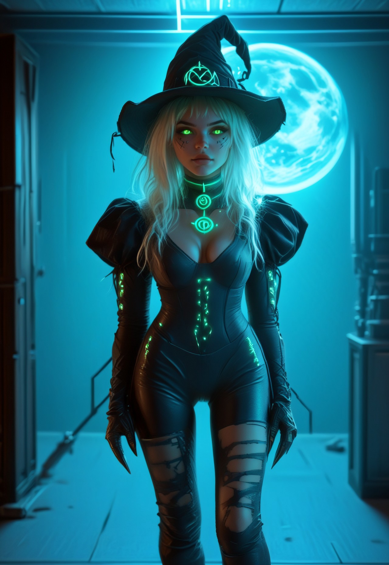 by Ian McQue and Sam Spratt,  <lora:EnvyStudioPortraitXL01:0.35>, witch in XXVIII century,  leu_hanna2, 25 yo, 1 woman, white messy long hair, pale white skin, (hazel glowing eyes), looking to viewer, curious smile, black and green metallic HALLOWEEN catsuit with celtic runes, black and green witch hat, black choker, holding an wooden wand forming an spell with a glowing blue rune, background window night sky, indoor futuristic cabin of space ship, neon lights, enhanced shadows, dynamic black shadows, spooky vibe, magic aura, futuristic atmosphere, mad-cyberspace, detailxl