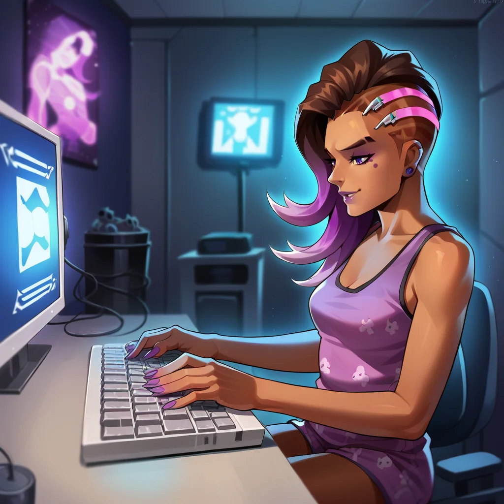 score_9, score_8_up, score_7_up, score_6_up, score_5_up, score_4_up, zPDXL2,source_anime,rating_questionable, 1girl, solo, <lora:Typing:0.7> typ1ng, sitting, keyboard (computer), monitor, indoors, sombra overwatch, pajamas, singlet, frantic, manic, night, shadows, purple neon, holograms