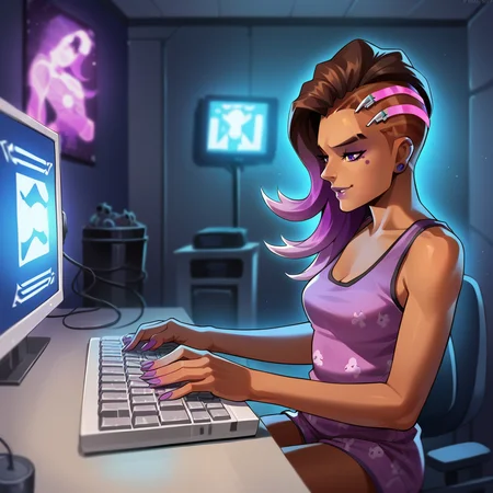 score_9, score_8_up, score_7_up, score_6_up, score_5_up, score_4_up, zPDXL2,source_anime,rating_questionable, 1girl, solo, <lora:Typing:0.7> typ1ng, sitting, keyboard (computer), monitor, indoors, sombra overwatch, pajamas, singlet, frantic, manic, night, shadows, purple neon, holograms