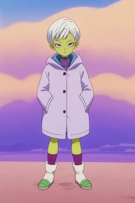 source_anime, score_9, score_8_up, score_7_up, anime screencap, absurdres,
cheelai, official style, 1girl, solo, looking at viewer, short hair, standing, full body, white hair, purple eyes, colored skin, green skin, hood down, coat, undershirt, purple shirt, collarbone, socks, purple legwear, boots, white footwear, two tone footwear, hands in pockets, blue sky, cloud, day, sky, desert, outdoors
<lora:cheelai_pony_v1:0.8>