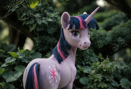 score_9, score_8_up, score_7_up, score_6_up, score_5_up, score_4_up, Realistic, solo, slender, slim, twilight sparkle, no humans, horn, unicorn, horse, pony, female, mare, unicorn, calm, unkempt mane, rear view, looking back, looking over shoulder, smirk, (fur:0.9), big eyes, realistic, photo, detailed, beautiful, small eyes, realistic eyes