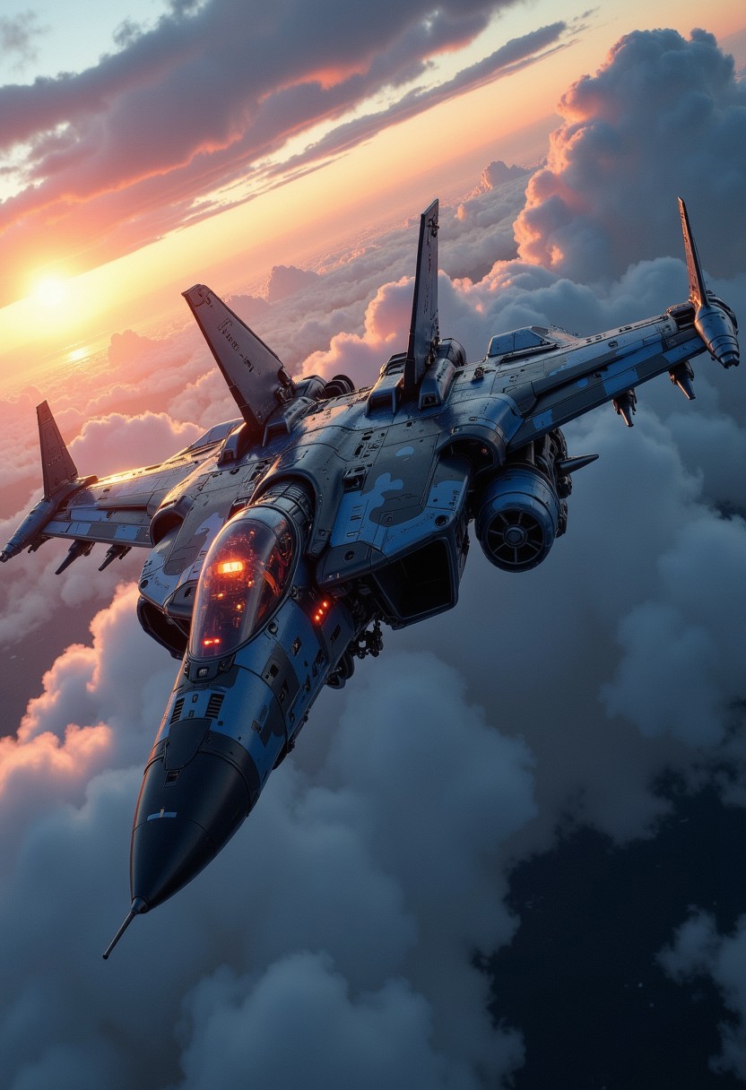 in the style of ck-mgs, A digital artwork in the style of cknc, a_skynet_cyberdyne_craft, the image is featuring a futuristic, highly advanced jet fighter drone flying rapidly at altitude thporugh stormclouds, silhouetted, chiascuro, sunset. The fuselage is painted in camouflage blue and black, and the cockpit shows glowing led lights, and has a large air intake, dutch angle, the image slanted diagonally, motion blur