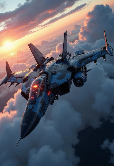 in the style of ck-mgs, A digital artwork in the style of cknc, a_skynet_cyberdyne_craft, the image is featuring a futuristic, highly advanced jet fighter drone flying rapidly at altitude thporugh stormclouds, silhouetted, chiascuro, sunset. The fuselage is painted in camouflage blue and black, and the cockpit shows glowing led lights, and has a large air intake, dutch angle, the image slanted diagonally, motion blur