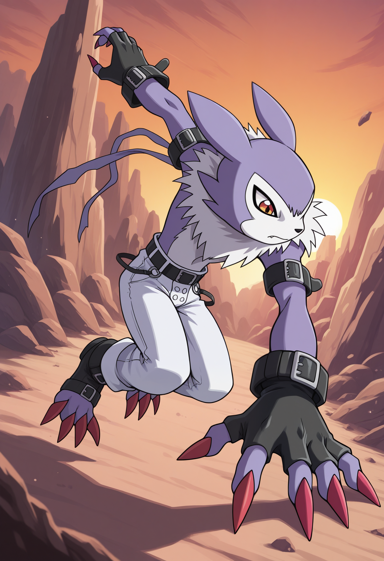 masterpiece,best quality,amazing quality, 1boy, solo, str4b1m0n, digimon (creature), black fingerless gloves, white pants, black belt, black arm straps, full body,  attack, outdoors,