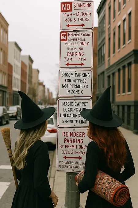 Create a photorealistic image of two witches in their 20s (one ash balayage, one with long wavy auburn hair) reading a street sign.
Context:
a city street in a random street in Williamsburg, NY with a pole covered entirely by numerous detailed street signs (e.g., street sweeping hours, parking permits required, vehicle classifications, towing rules), including few ridiculous signs at the middle: (paraphrase it to make these legitimate street signs)"Broom Parking for Witches Not Permitted in Zone C" and "Magic Carpet Loading and Unloading Only (15-Minute Limit)" and "Reindeer Parking by Permit Only (Dec 24–25)\n Violators will be placed on Naughty List." The signpost is on the right of a street. Do not repeat signs. Signs must be realistic.
Characters:
one witch is holding a broom and the other has a rolled-up magic carpet. They are in the foreground, back slightly turned towards the camera and head slightly tilted as they scrutinize the signs.
Composition from background to foreground:
streets + parked cars + buildings -> street sign -> witches. Characters must be closest to the camera taking the shot