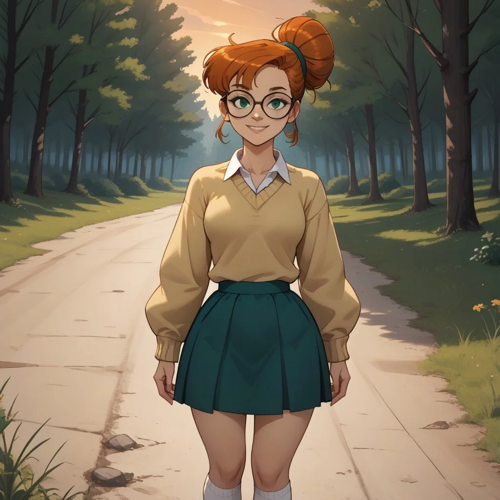 score_9, score_8, BREAK, solo, green eyes, red hair, orange hair, pompadour, single hair bun, hair bun, glasses, sweater, socks, skirt, green skirt, white socks, collared shirt, yellow sweater, black footwear, shoes, total drama, Scarlett_(Total_Drama), tdpi, sexy pose, self portrait, smile, outdoors, sunlight, shadows, evening lighting, natural lighting, forest, trees, grass, orange sky, sunset