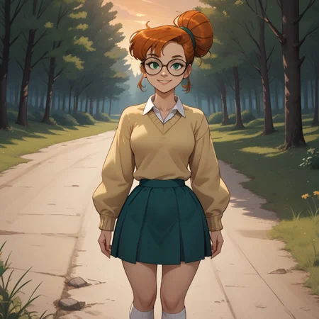 score_9, score_8, BREAK, solo, green eyes, red hair, orange hair, pompadour, single hair bun, hair bun, glasses, sweater, socks, skirt, green skirt, white socks, collared shirt, yellow sweater, black footwear, shoes, total drama, Scarlett_(Total_Drama), tdpi, sexy pose, self portrait, smile, outdoors, sunlight, shadows, evening lighting, natural lighting, forest, trees, grass, orange sky, sunset