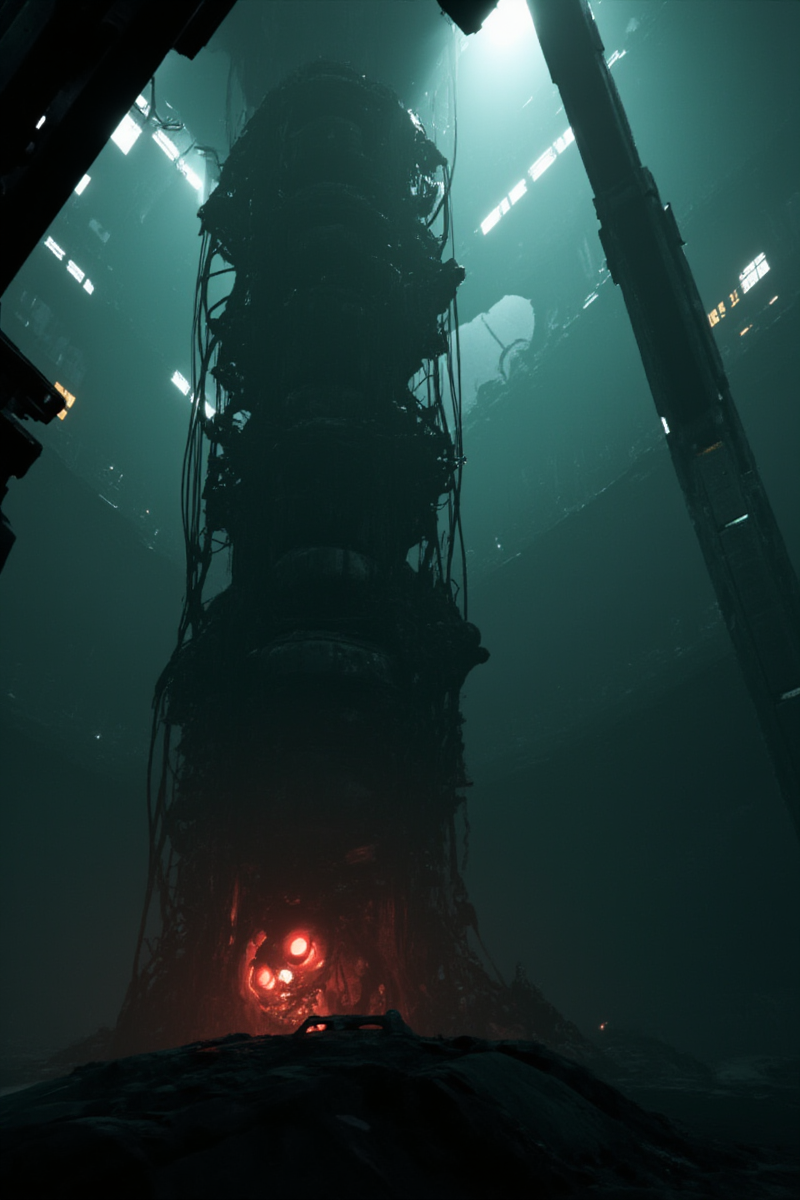 3DGame,The image presents a scene steeped in sci-fi ambiance. At its center stands a colossal mechanical structure,composed predominantly of metals and cables,painted in shades of dark green and black. This intricate lattice resembles a complex network or maze,featuring multiple layers and branching pathways.,
At the base of this intricate framework,there emerge reddish,eye-**** objects,perhaps hinting at beings or parts of robots lurking beneath. The overall atmosphere is shrouded in mystery and darkness,with light seeping in from one side of the structure,creating stark contrasts and deepening the enigmatic vibe.,
The scene lacks any overt textual elements,allowing the intricate details of the mechanical construct and the eerie red eyes to captivate the viewer's attention. The interplay of light and shadow adds depth and drama,drawing the observer into this futuristic,almost surreal landscape. The image is a compelling visual narrative that sparks curiosity and invites imagination.,