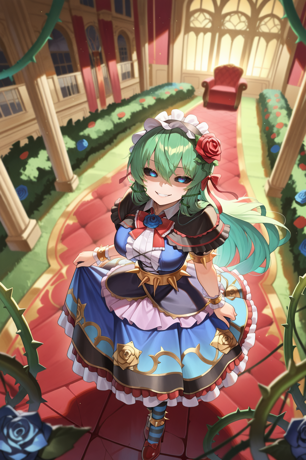 <lora:ChamIllustriousBackgroundEnhancer:0.5> <lora:illustrious_quality_modifiers_masterpieces_v1:0.8> ,  masterpiece, very aesthetic, absurdres, best quality, amazing quality, high resolution, newest, very awa, scenery, volumetric lighting, solo,  looking at viewer,  <lora:ToraIllustrious:0.8> , tordef, 1girl, solo, long hair, green hair, black sclera, blue eyes, hair flower, blue rose, hair ribbon, black capelet, frilled capelet, cross-laced clothes, red bowtie, frilled hairband, layered dress, collared dress, frilled dress, juliet sleeves, yellow armlet, spiked armlet, yellow belt, spiked belt, wrist cuffs, horizontal-striped thighhighs, yellow anklet, spiked anklet, high heels, plant, thorns, vines, interior, rose garden, mansion, by lordol, shaded face, large breasts, from above, looking up, wide eyes, evil grin