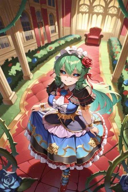 <lora:ChamIllustriousBackgroundEnhancer:0.5> <lora:illustrious_quality_modifiers_masterpieces_v1:0.8> , masterpiece, very aesthetic, absurdres, best quality, amazing quality, high resolution, newest, very awa, scenery, volumetric lighting, solo, looking at viewer, <lora:ToraIllustrious:0.8> , tordef, 1girl, solo, long hair, green hair, black sclera, blue eyes, hair flower, blue rose, hair ribbon, black capelet, frilled capelet, cross-laced clothes, red bowtie, frilled hairband, layered dress, collared dress, frilled dress, juliet sleeves, yellow armlet, spiked armlet, yellow belt, spiked belt, wrist cuffs, horizontal-striped thighhighs, yellow anklet, spiked anklet, high heels, plant, thorns, vines, interior, rose garden, mansion, by lordol, shaded face, large breasts, from above, looking up, wide eyes, evil grin
