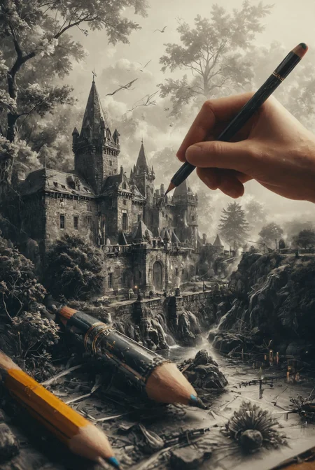 A mesmerizing and intricate scene of a pencil drawing an image of another pencil, which in turn is drawing yet another pencil.
<lora:add-detail-xl:2> <lora:MJ52:0.5> <lora:great_lighting:2> great lighting,
large depth of field, hyperdetailed photography, masterpiece, best quality, high quality, highres, ultra-detailed, best quality, 8K, high resolution, extreme detail, (outstanding composition:1.4), <lora:DoubleExposure:0.75> double exposure, merging